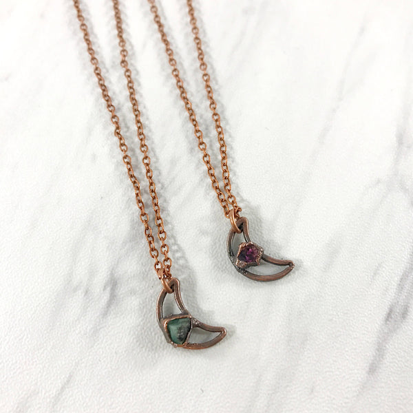 Tiny Gem Moon Necklace (Oxidized)