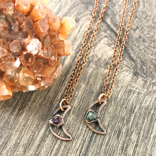Tiny Gem Moon Necklace (Oxidized)