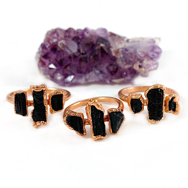 Black Tourmaline Three Stone Ring