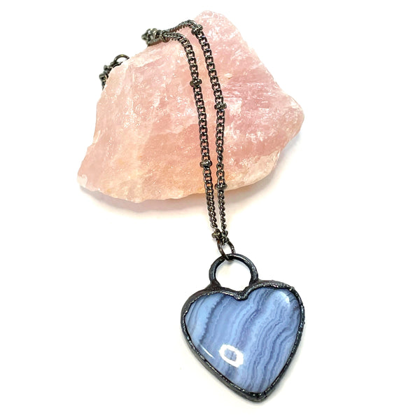 Blue Lace Agate Heart Necklace