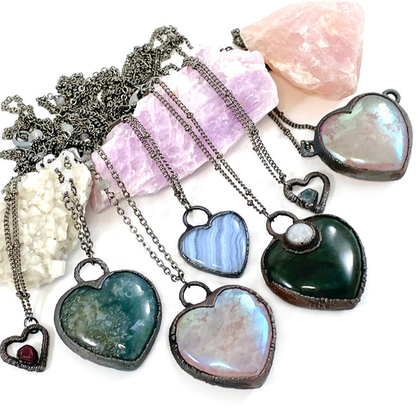 Moss Agate & Moonstone Heart Necklace