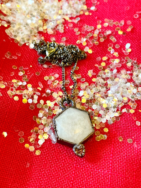 hexagon moonstone and garnet copper electroformed pendant on gunmetal satellite chain