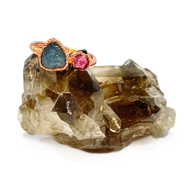 Aquamarine and Ruby Ring | March + July Birthstones