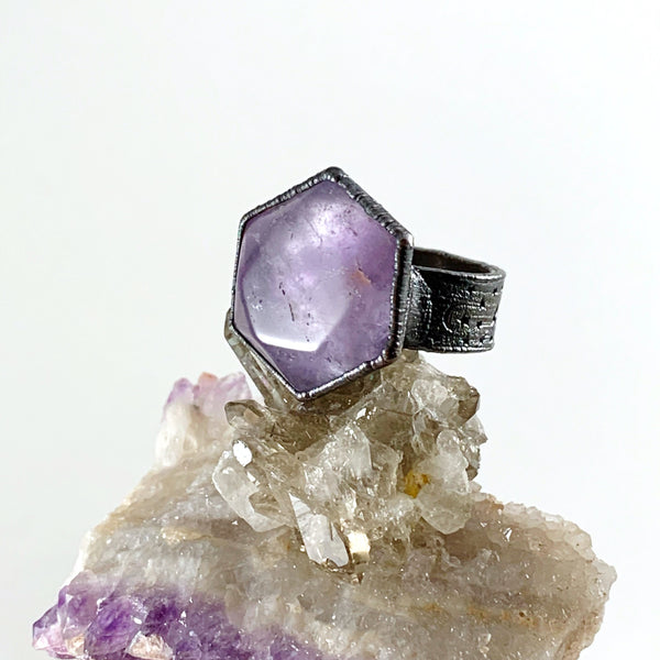 Amethyst Hexagon Moon & Stars Ring
