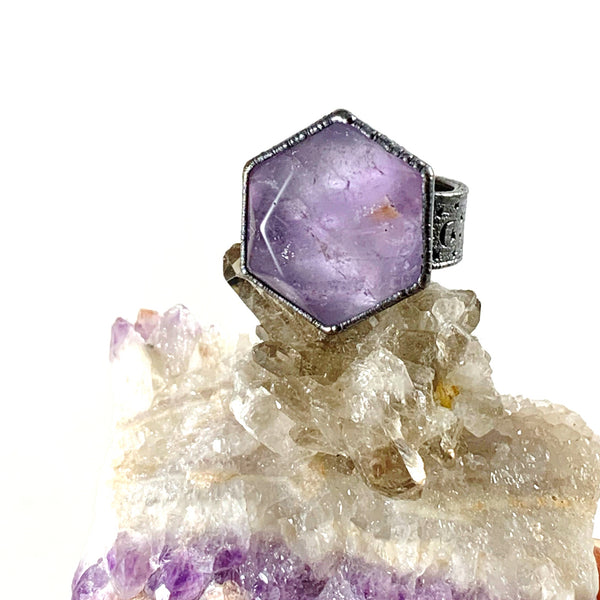 Amethyst Hexagon Moon & Stars Ring