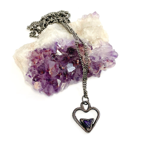 Tiny Amethyst Heart Oxidized Necklace | February Birthstone in