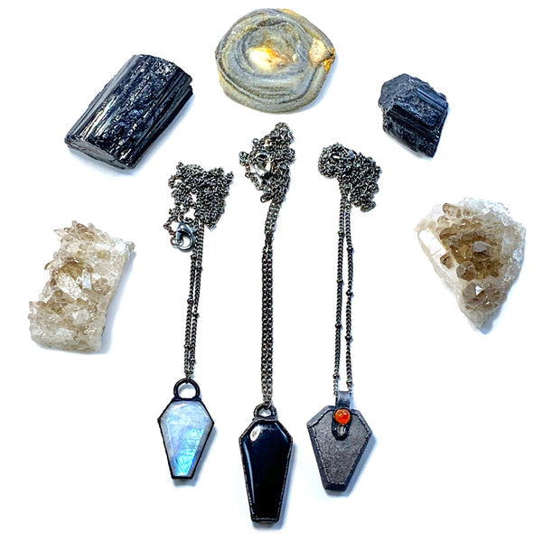 Silver Sheen Obsidian Coffin Necklace
