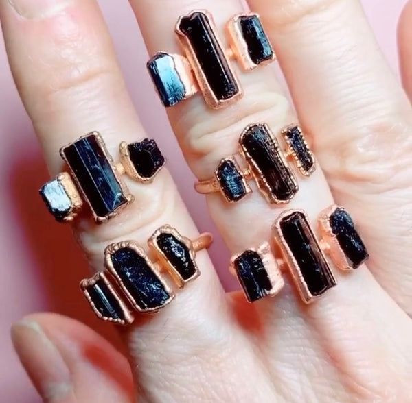 Black Tourmaline Three Stone Ring
