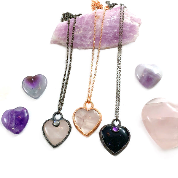Blue Goldstone & Amethyst Heart Necklace