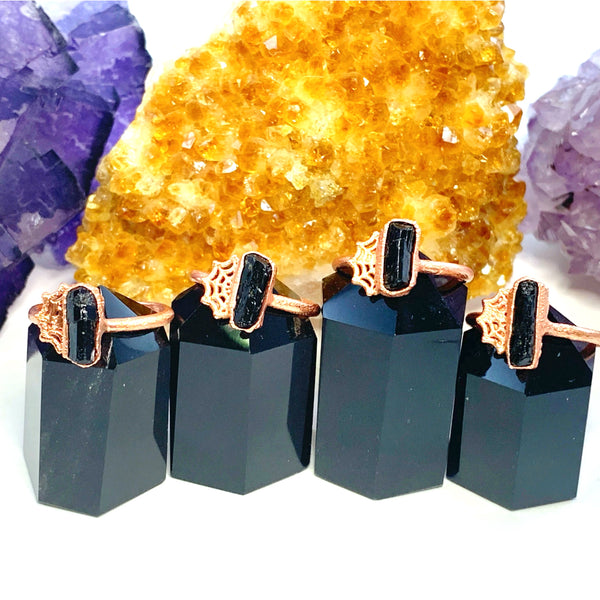 Black Tourmaline Spider Web Ring