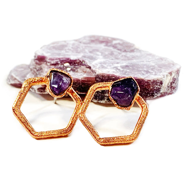 Amethyst Hexagon Stud Earrings | February Birthstone