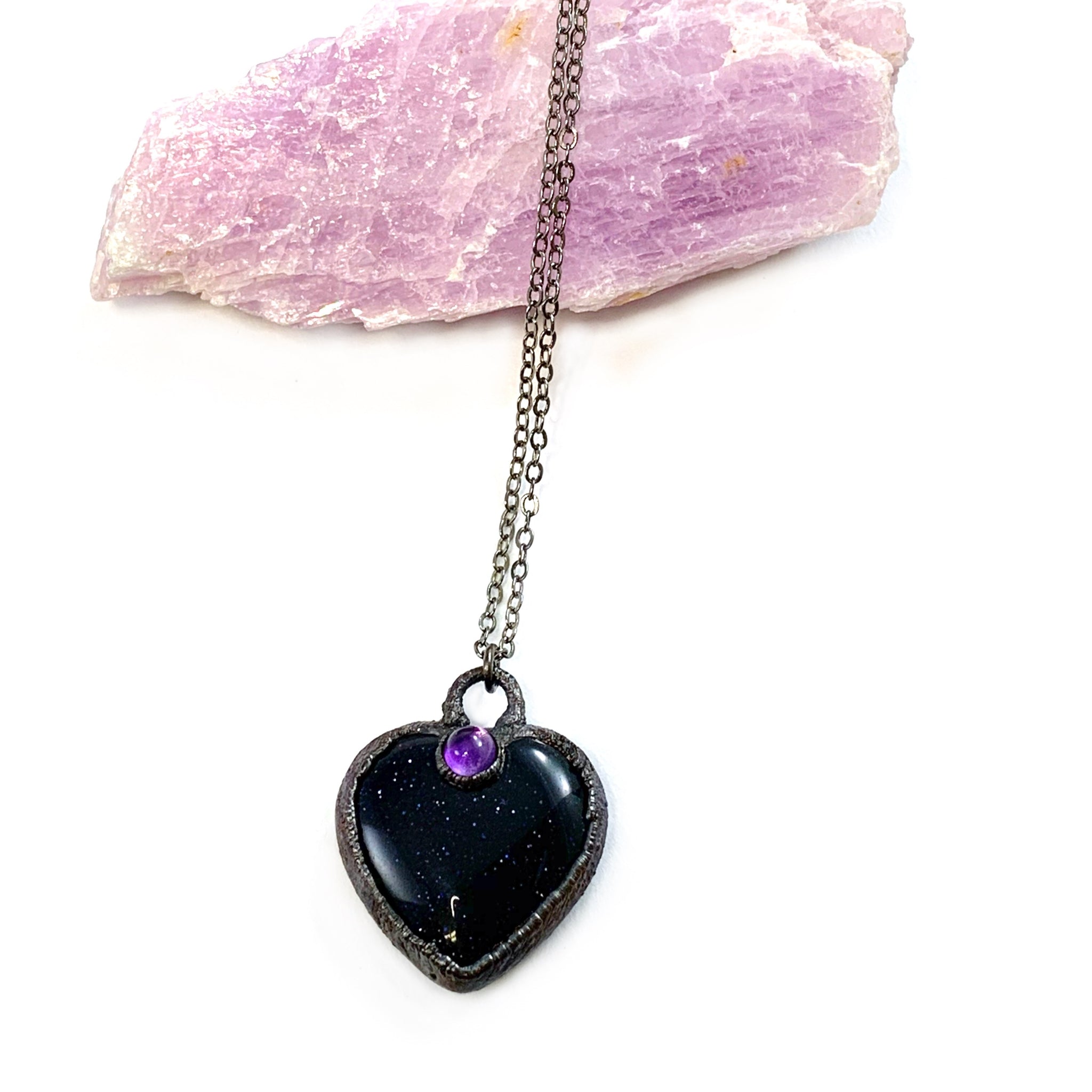 Blue Goldstone & Amethyst Heart Necklace