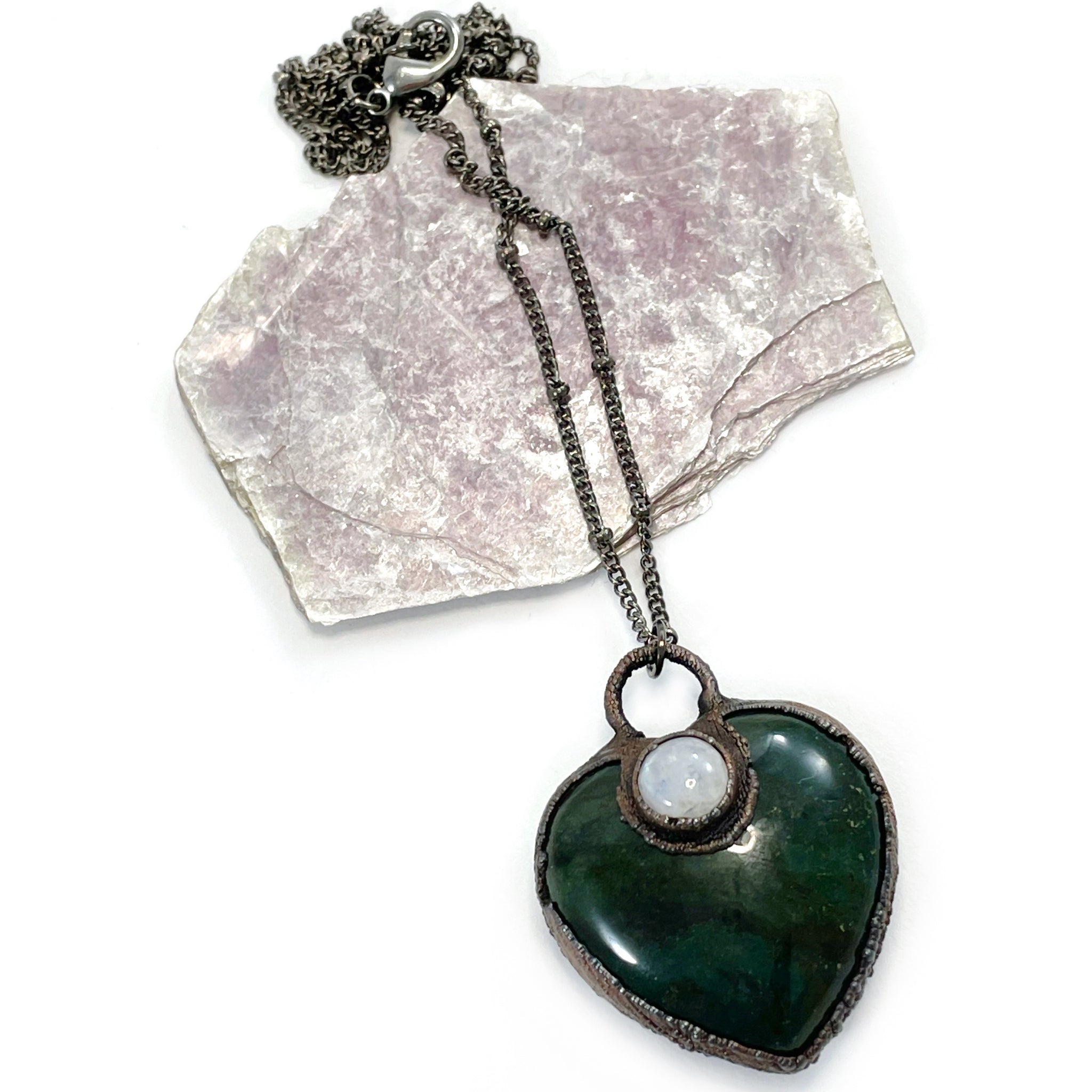 Moss Agate & Moonstone Heart Necklace