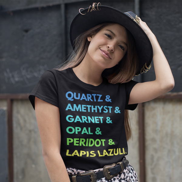 Woman wearing a hat and crystal t-shirt that says Quartz & Amethyst & Garnet & Opal & Peridot & Lapis Lazuli